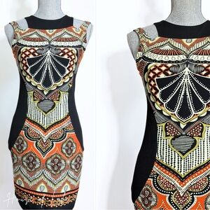 Women's Boho Multicolor Patterned fitted Dress Stretchy Keyhole Cutout Papillion